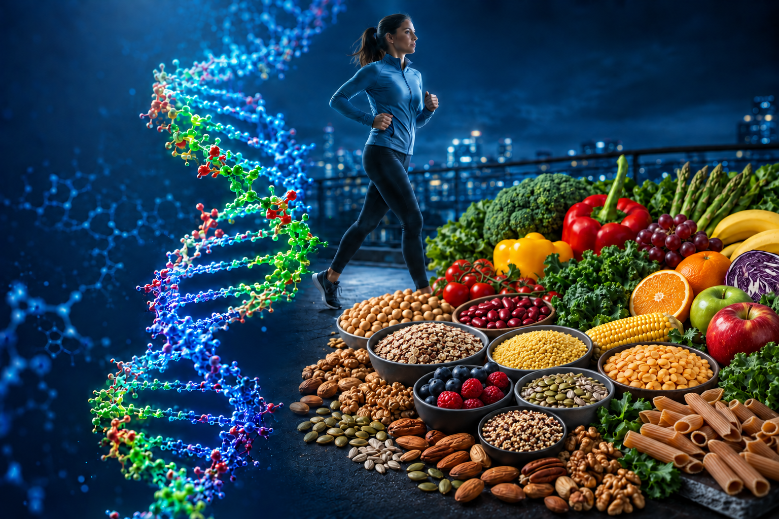DNA double helix, an exercising adult and vegan foods including beans, lentils, quinoa, millet, whole grains, nuts, seeds, fruits and vegetables