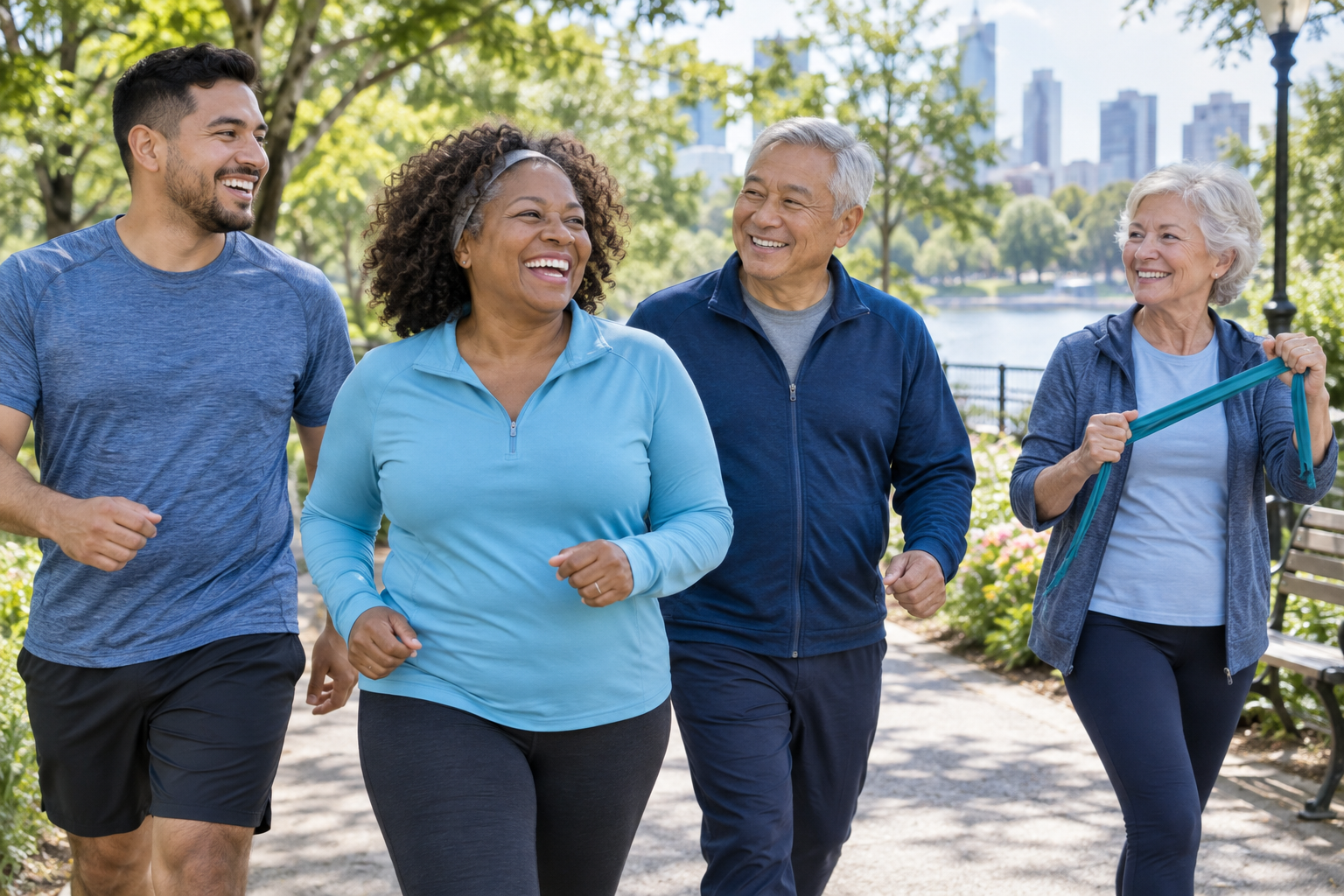 Adults of different ages and backgrounds enjoying physical activity together