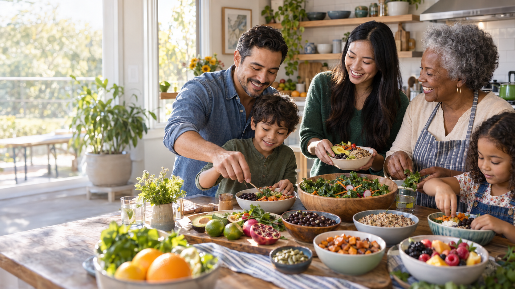 A multicultural, multigenerational family preparing a colorful meal together